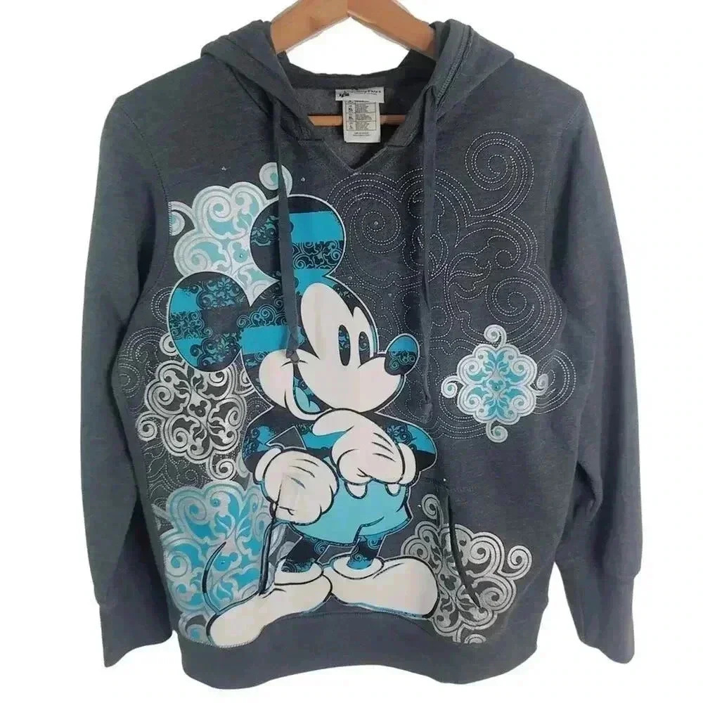 Disney Parks y2k Mickey Mouse Grey Rhinestone Hoodie Sweatshirt Women's Size L